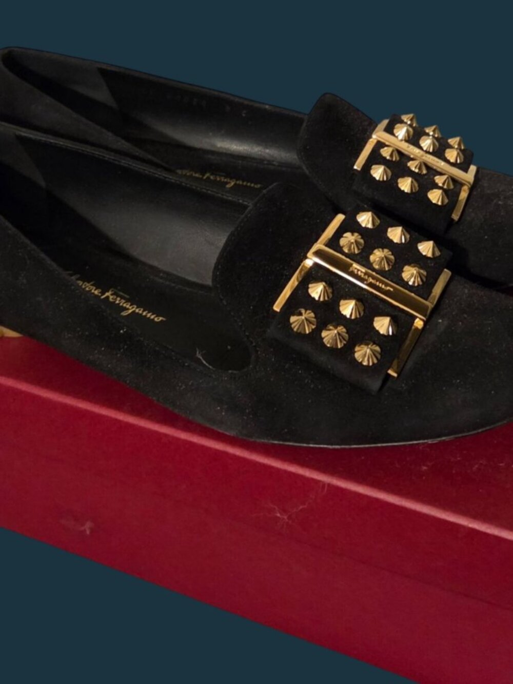Salvatore Ferragamo Sarno Studded Loafers Black Suede Sz 8C - W/ Original Box - Picture 5 of 16